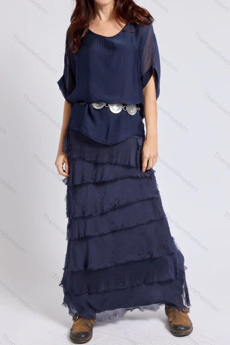 Women's solid color chiffon round neck three-quarter sleeve dress with tassel trim