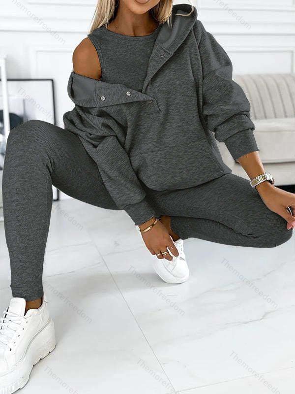 Women's casual sportswear set thickened hooded sweatshirt ribbed slim-fit vest and pants three-piece set