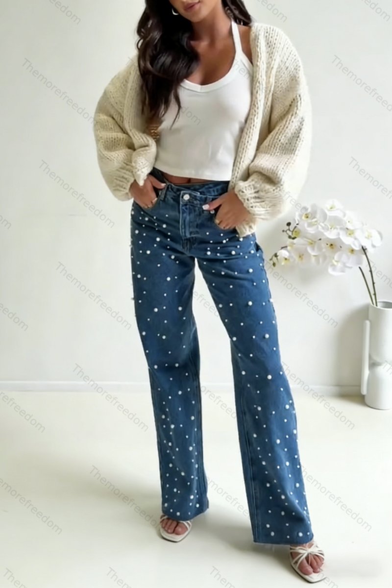 Women's casual washed denim trousers with bead embellishments