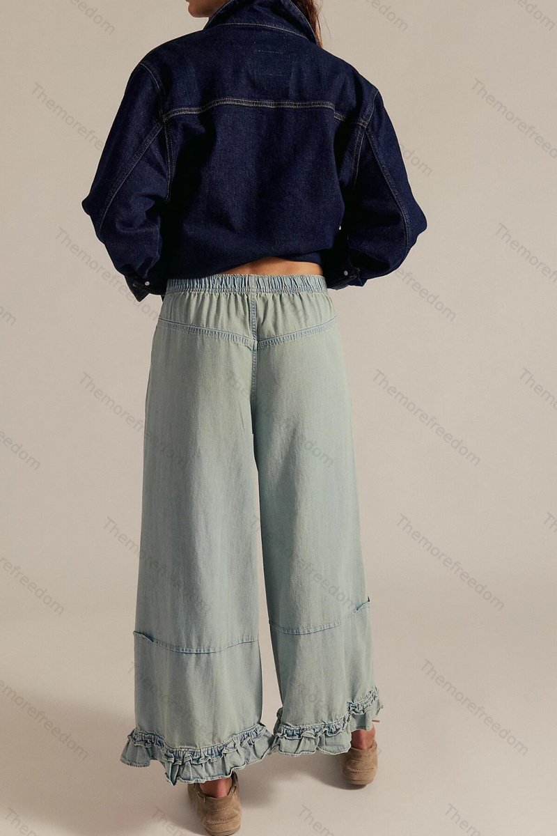 Women's fashionable casual wide-leg cropped jeans with lace trim