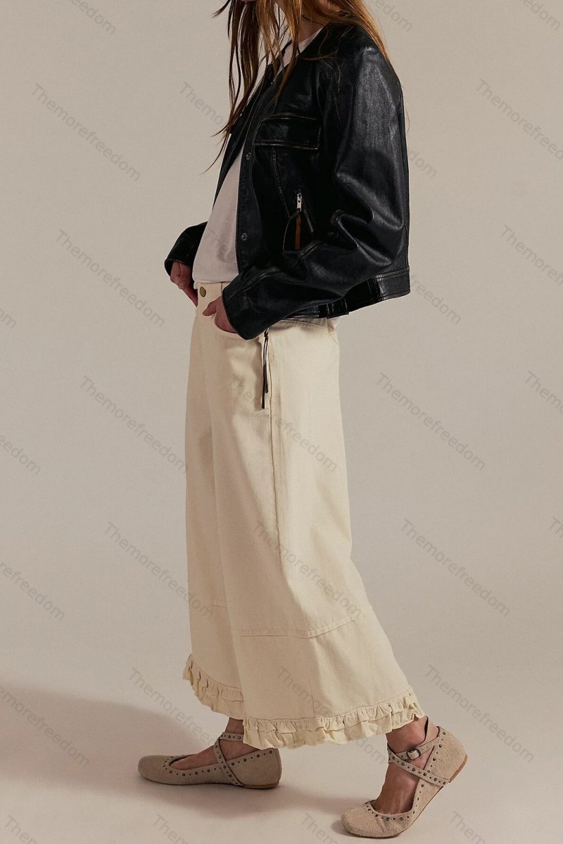 Women's fashionable casual wide-leg cropped jeans with lace trim