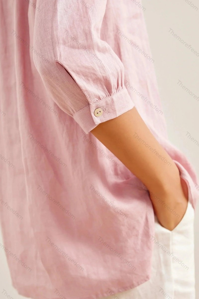 Women's comfortable and casual cotton and linen split-hem V-neck pullover shirt