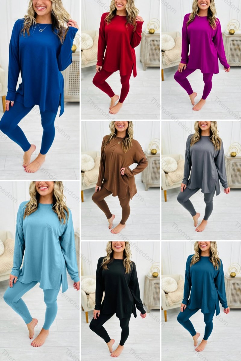 Women's autumn two-piece set, stylish solid color long-sleeved split-hem loungewear set