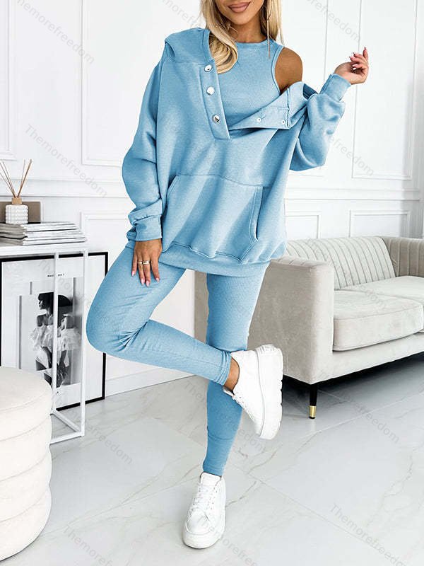 Women's casual sportswear set thickened hooded sweatshirt ribbed slim-fit vest and pants three-piece set