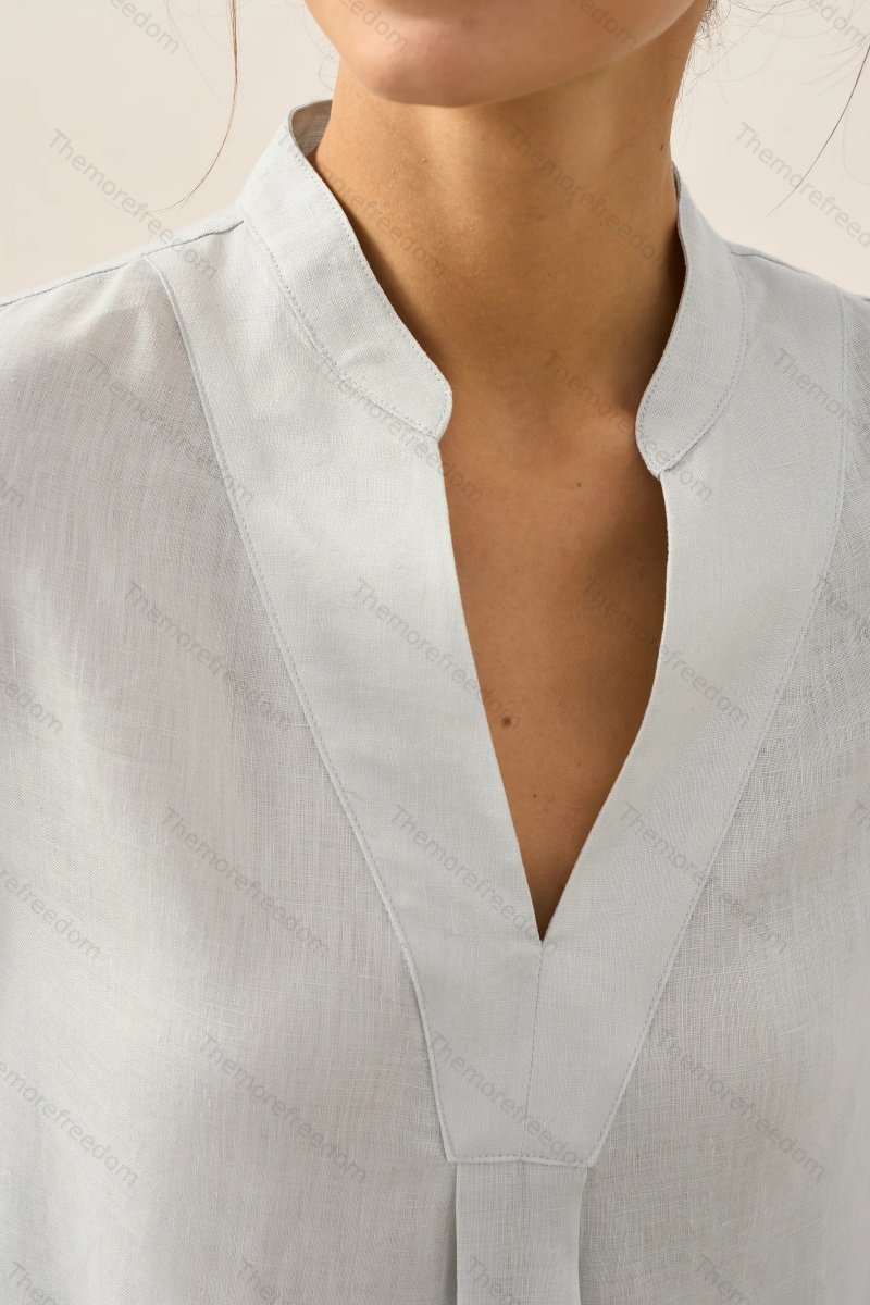 Women's comfortable and casual cotton and linen split-hem V-neck pullover shirt