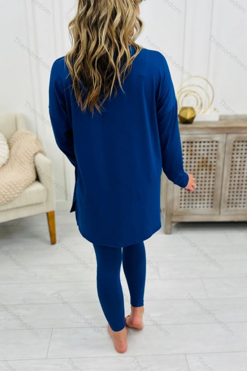 Women's autumn two-piece set, stylish solid color long-sleeved split-hem loungewear set