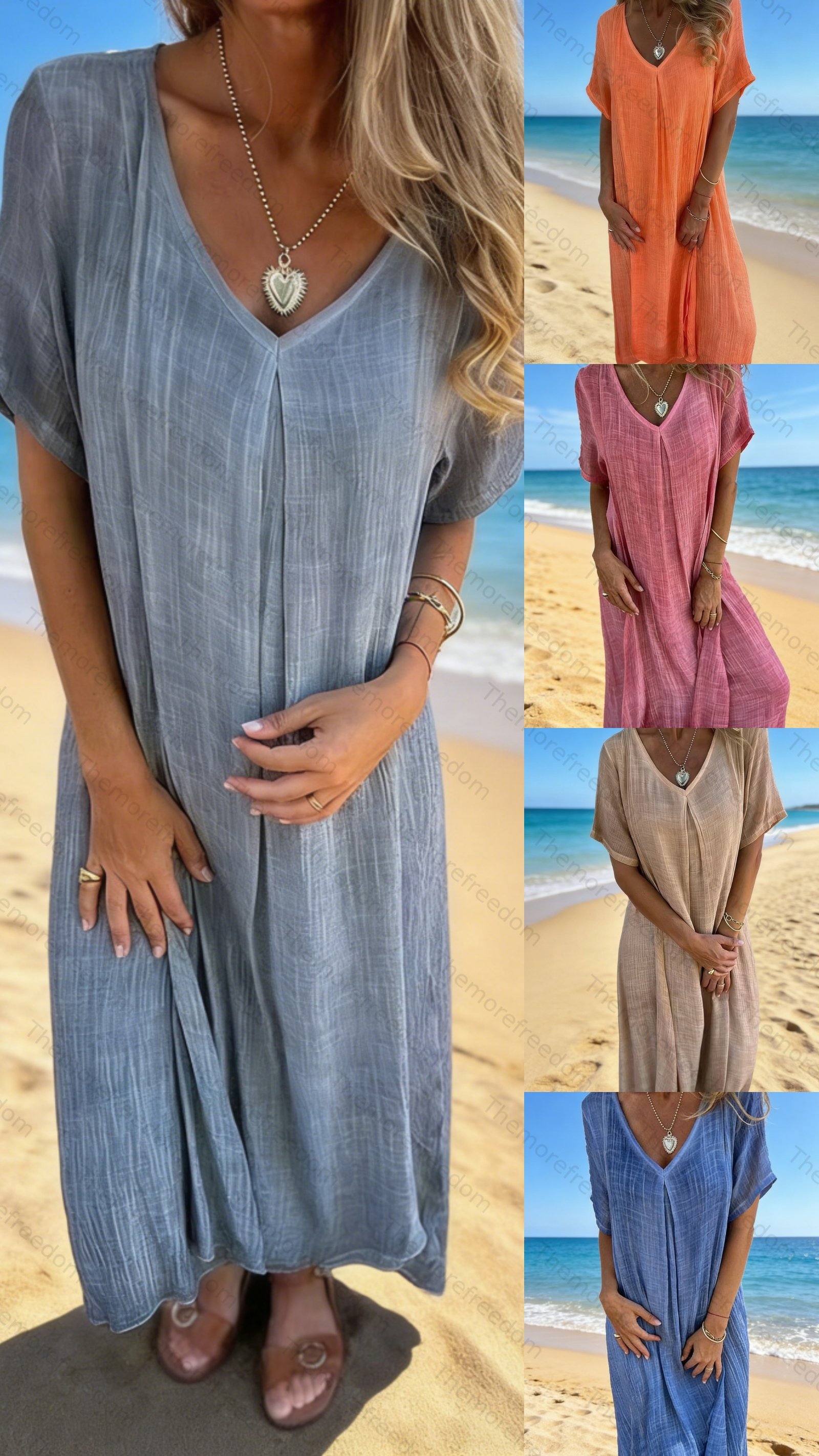 Women's V-neck loose-fitting straight-cut dress for vacation