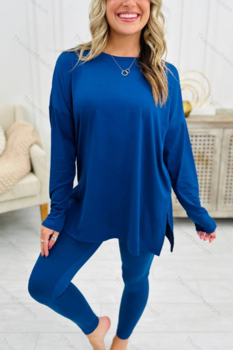 Women's autumn two-piece set, stylish solid color long-sleeved split-hem loungewear set