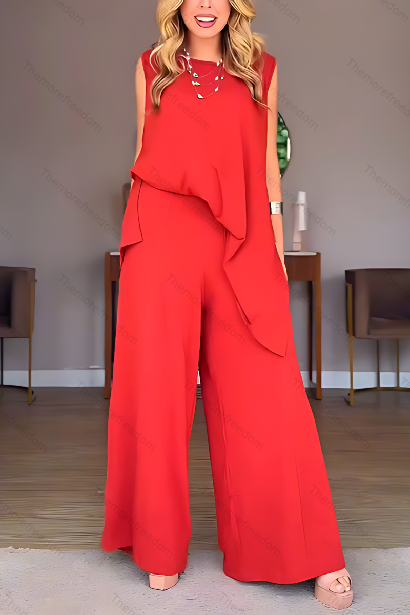 Women's casual vacation round neck sleeveless split two-piece set