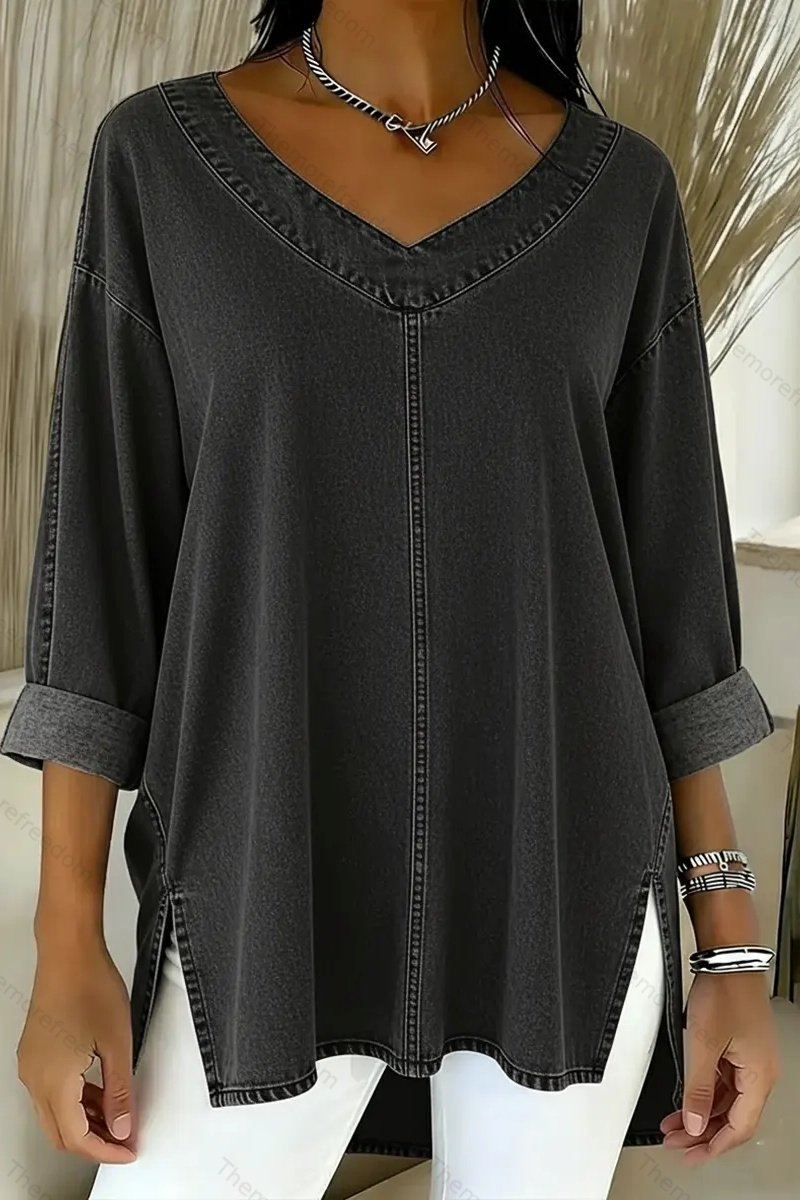 Women's street style denim comfortable casual V-neck top