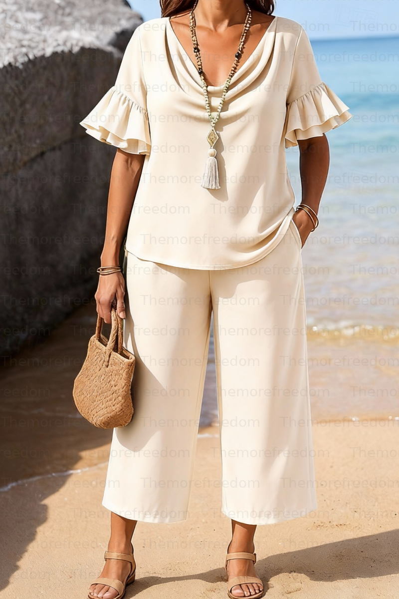 Women's two-piece vacation/leisure set with double-layered ruffled sleeves (pre-order item)