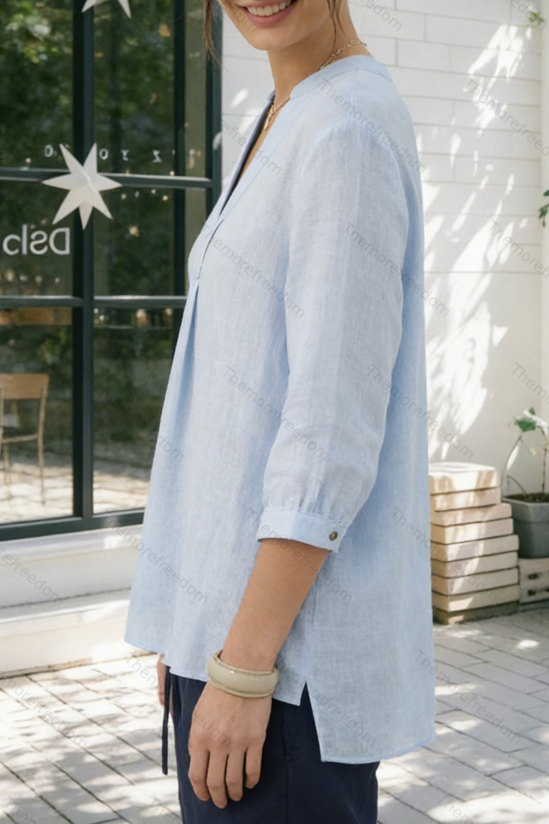 Women's comfortable and casual cotton and linen split-hem V-neck pullover shirt