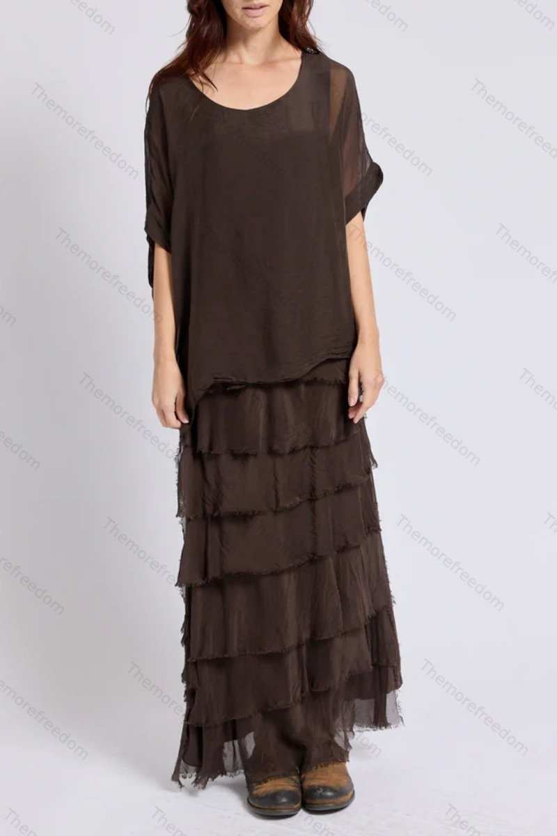 Women's solid color chiffon round neck three-quarter sleeve dress with tassel trim