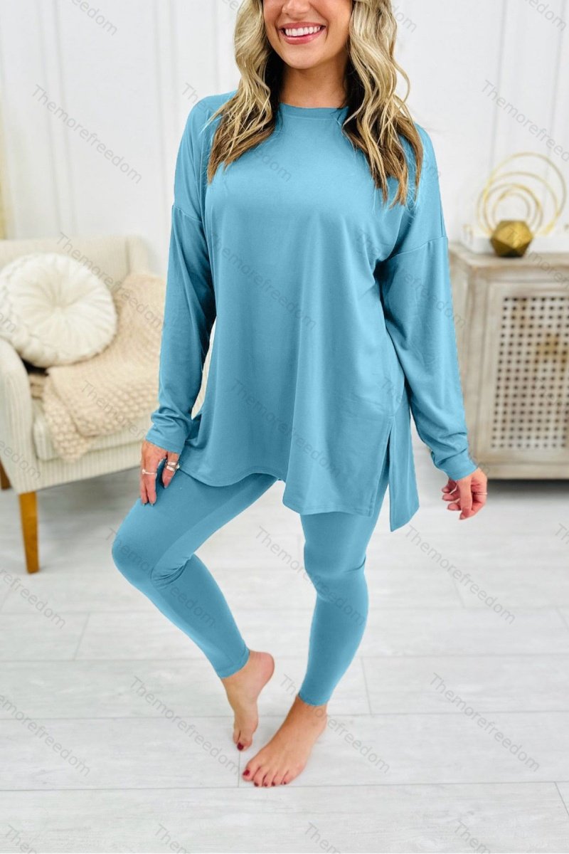 Women's autumn two-piece set, stylish solid color long-sleeved split-hem loungewear set