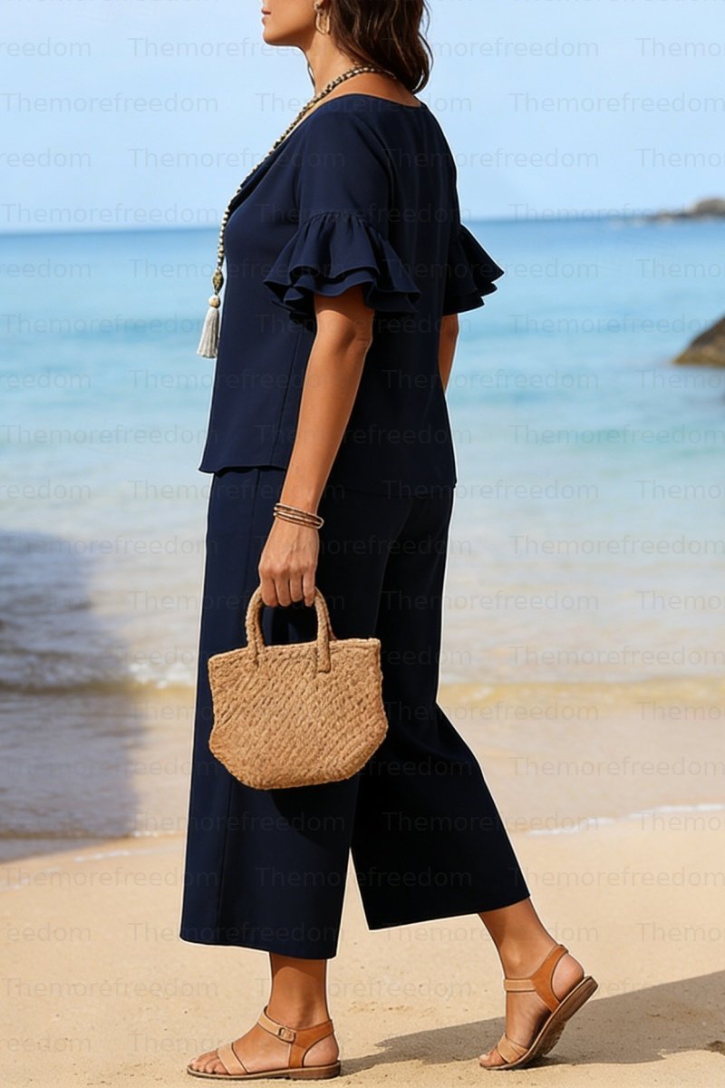 Women's two-piece vacation/leisure set with double-layered ruffled sleeves (pre-order item)