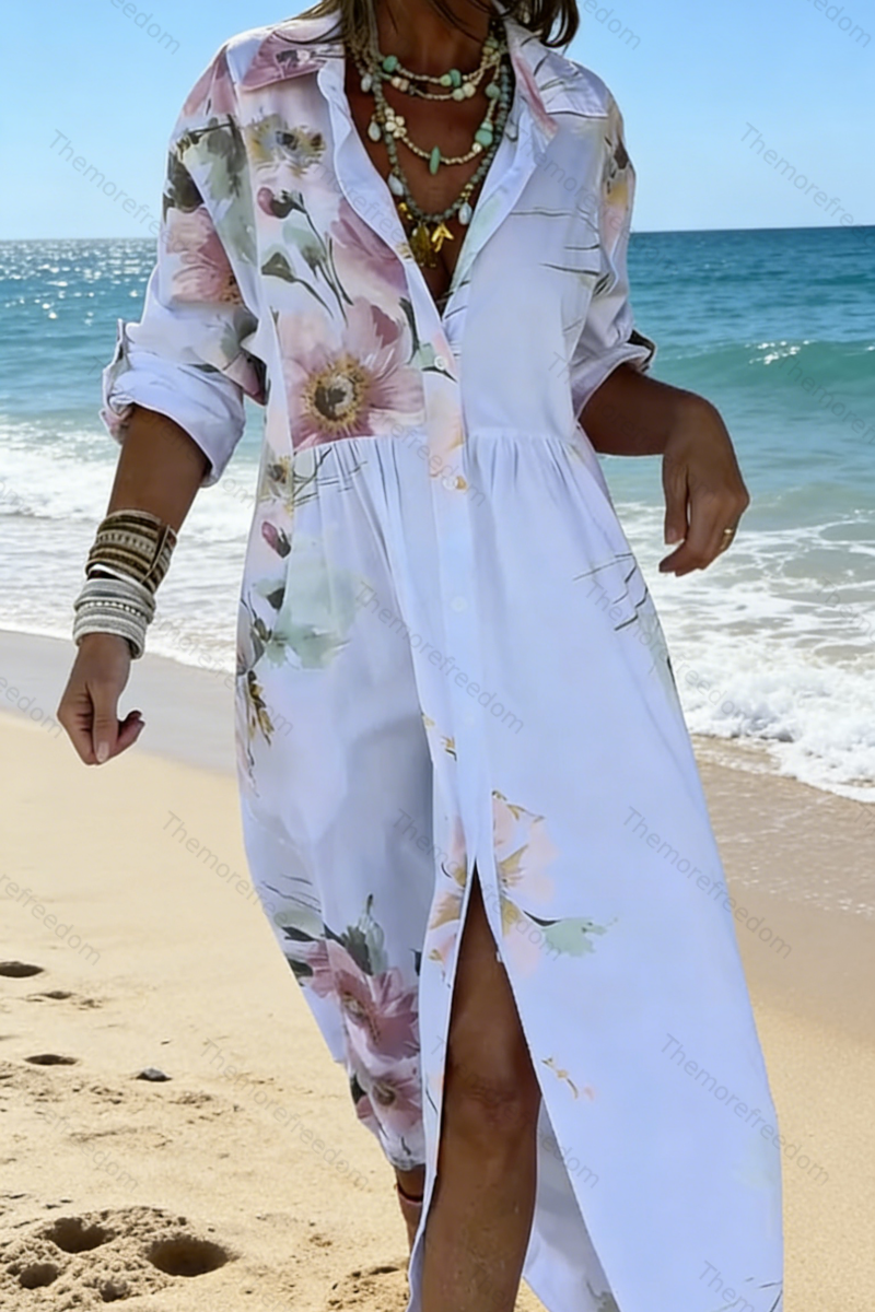 Women's loose-fitting printed shirt dress for vacation