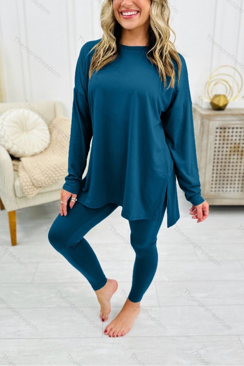 Women's autumn two-piece set, stylish solid color long-sleeved split-hem loungewear set