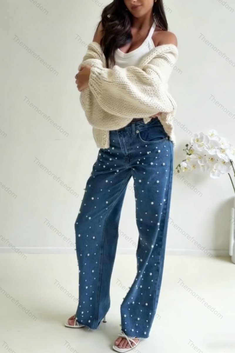 Women's casual washed denim trousers with bead embellishments