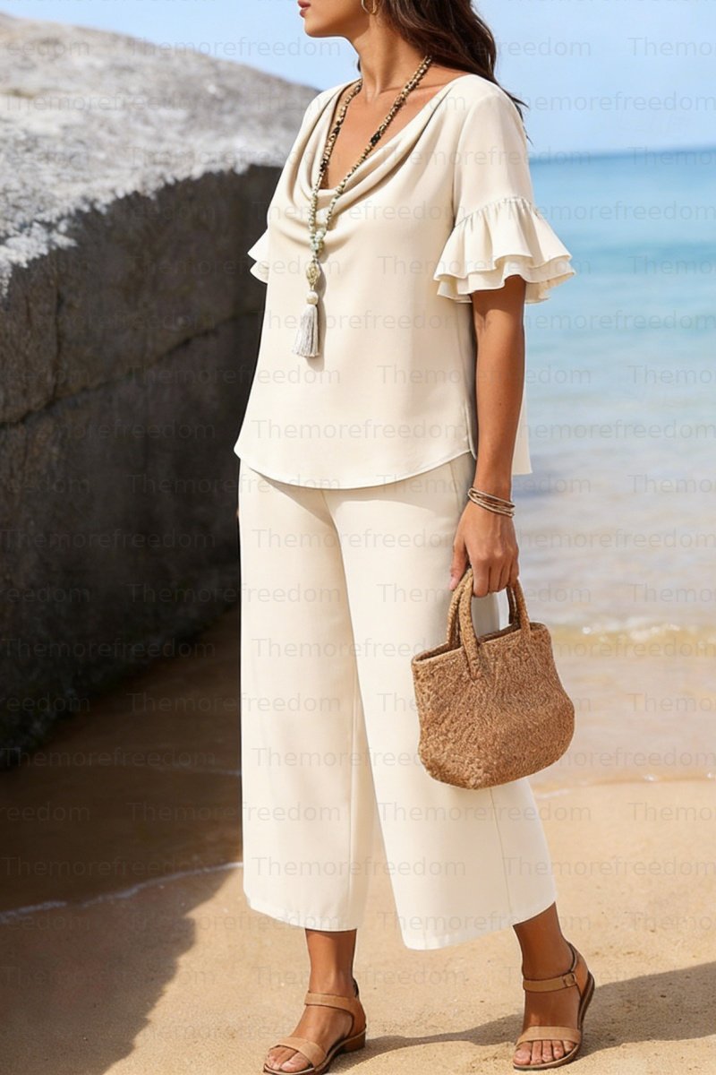 Women's two-piece vacation/leisure set with double-layered ruffled sleeves (pre-order item)