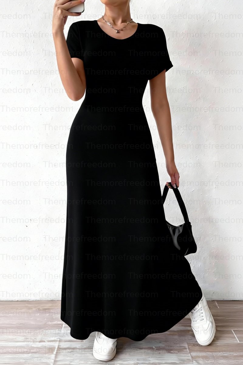 Women's solid color round neck knitted dress, elegant and comfortable 