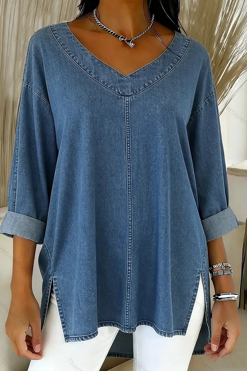Women's street style denim comfortable casual V-neck top