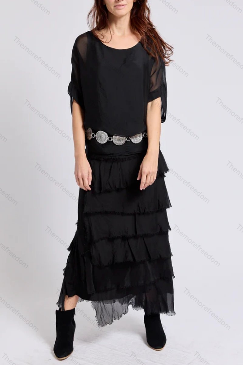 Women's solid color chiffon round neck three-quarter sleeve dress with tassel trim