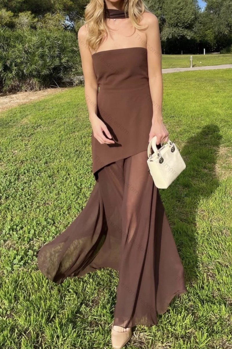 Women's stylish and elegant strapless solid-color mesh panel dress