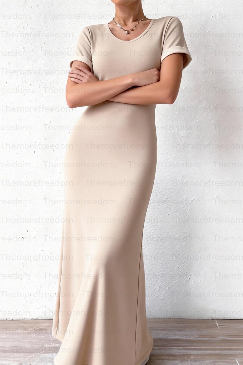 Women's solid color round neck knitted dress, elegant and comfortable (pre-order item)