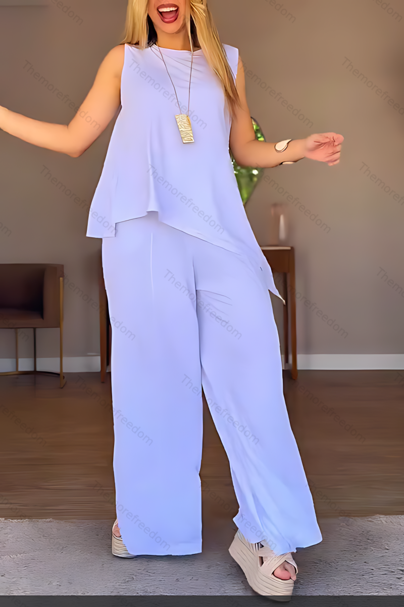 Women's casual vacation round neck sleeveless split two-piece set