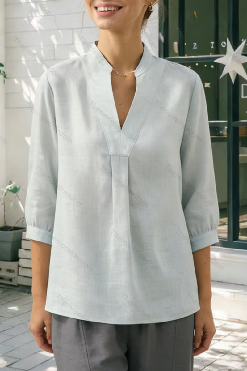 Women's comfortable and casual cotton and linen split-hem V-neck pullover shirt