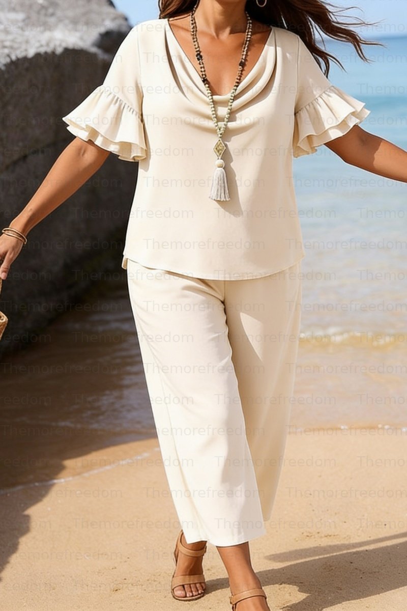 Women's two-piece vacation/leisure set with double-layered ruffled sleeves (pre-order item)