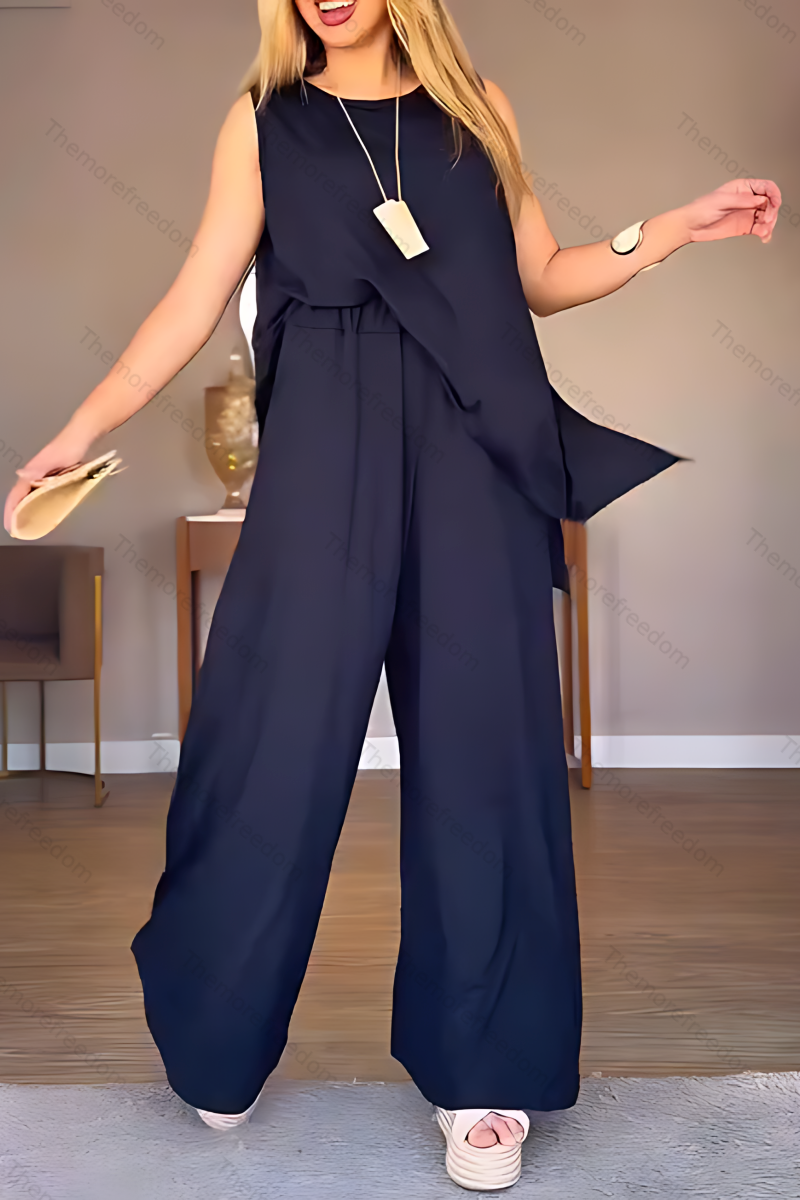 Women's casual vacation round neck sleeveless split two-piece set