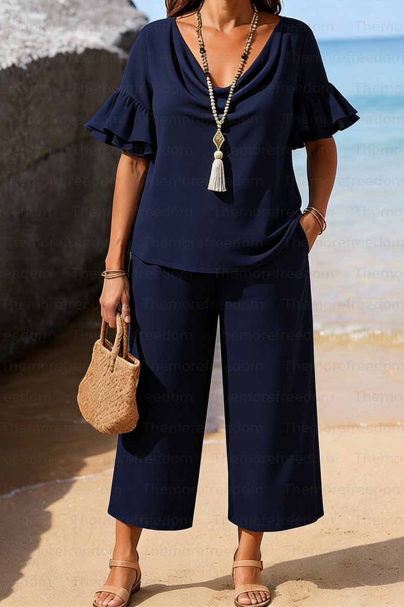 Women's two-piece vacation/leisure set with double-layered ruffled sleeves (pre-order item)