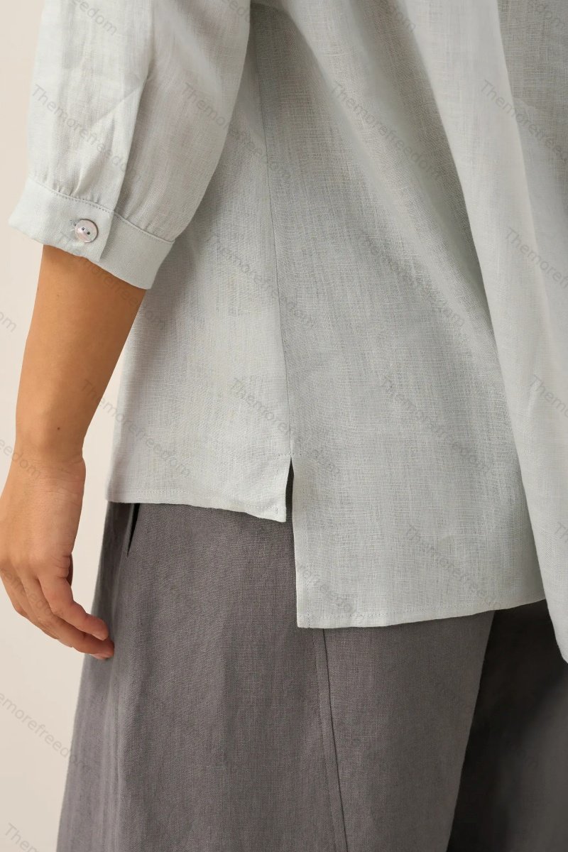 Women's comfortable and casual cotton and linen split-hem V-neck pullover shirt