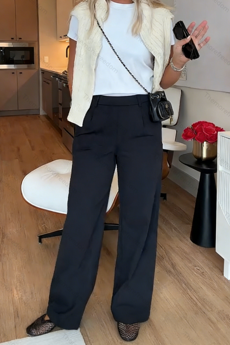 Women's simple  loose-fitting  solid-color straight-leg trousers