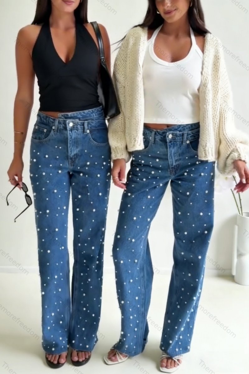 Women's casual washed denim trousers with bead embellishments