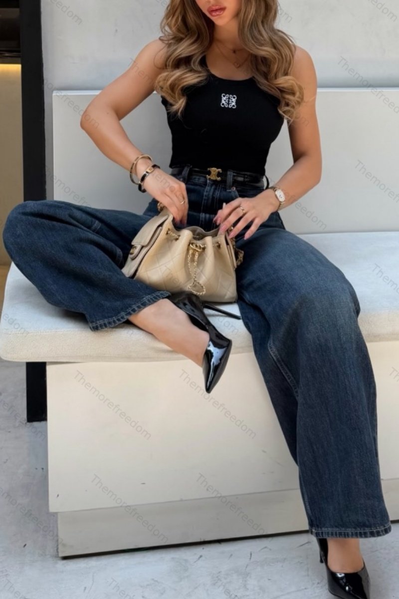 Women's wide-leg denim jeans with a loose waist flattering fit and straight floor-length design