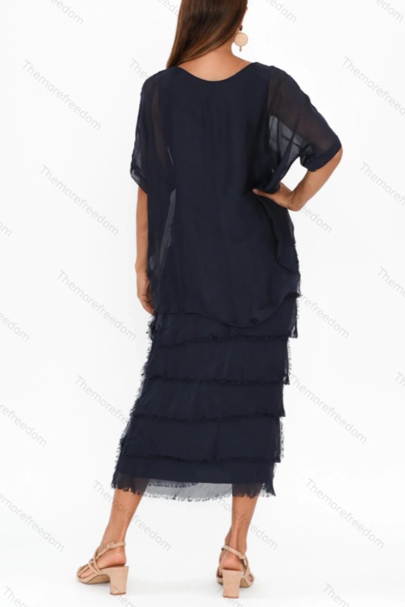 Women's solid color chiffon round neck three-quarter sleeve dress with tassel trim