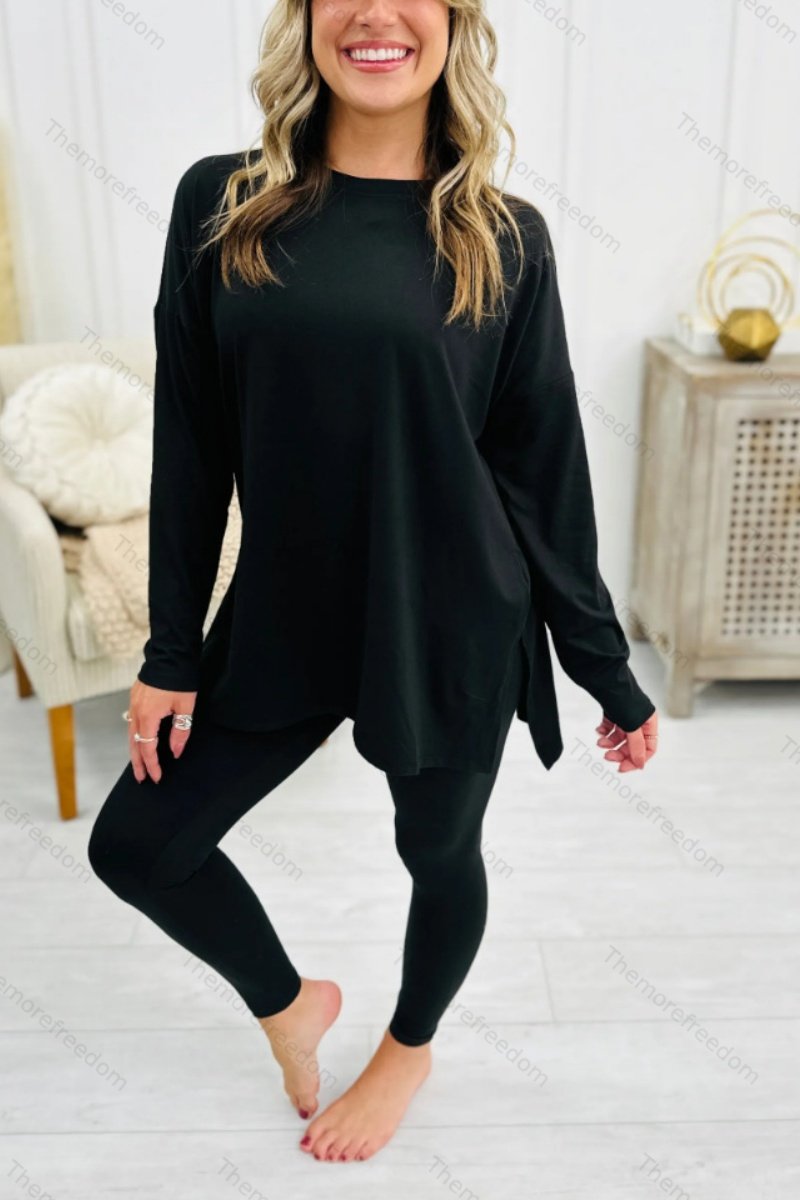 Women's autumn two-piece set, stylish solid color long-sleeved split-hem loungewear set