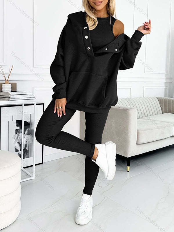 Women's casual sportswear set thickened hooded sweatshirt ribbed slim-fit vest and pants three-piece set