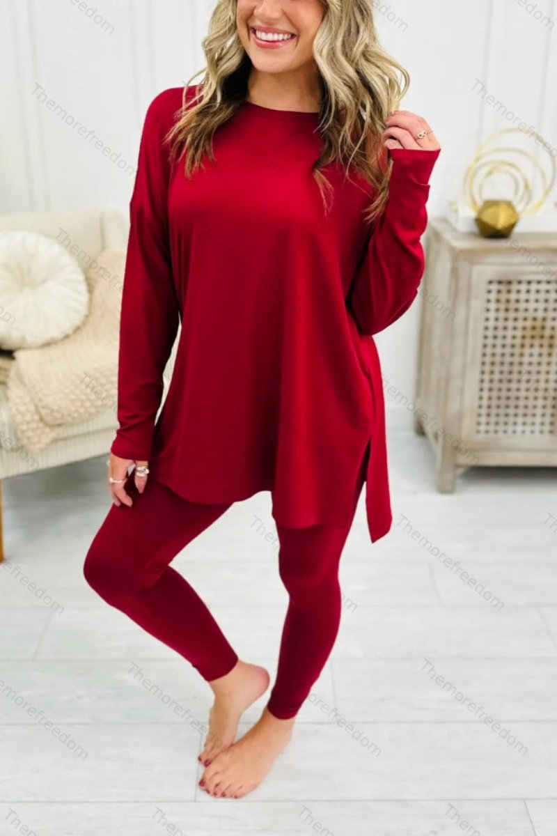 Women's autumn two-piece set, stylish solid color long-sleeved split-hem loungewear set