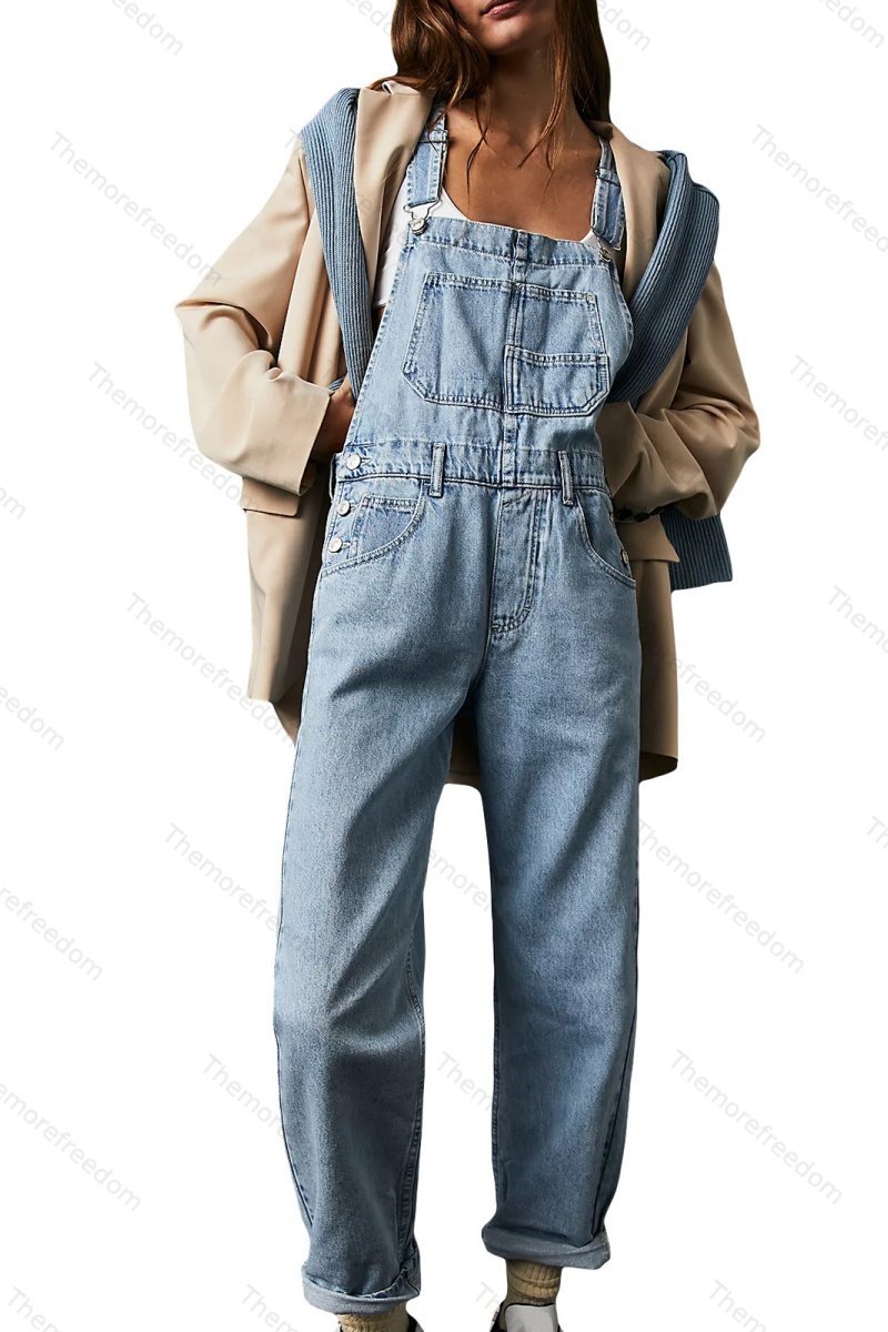 Women's casual washed loose denim overalls women's denim dungarees jumpsuit