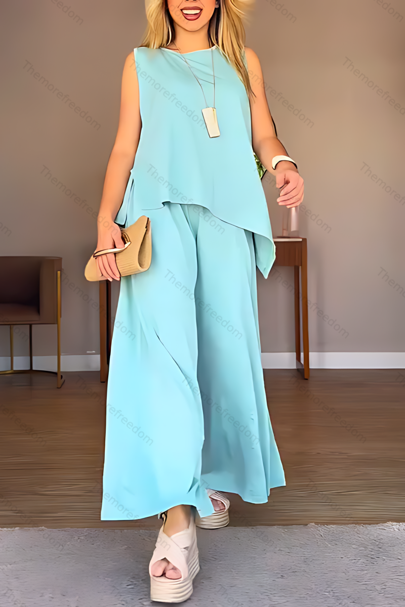 Women's casual vacation round neck sleeveless split two-piece set