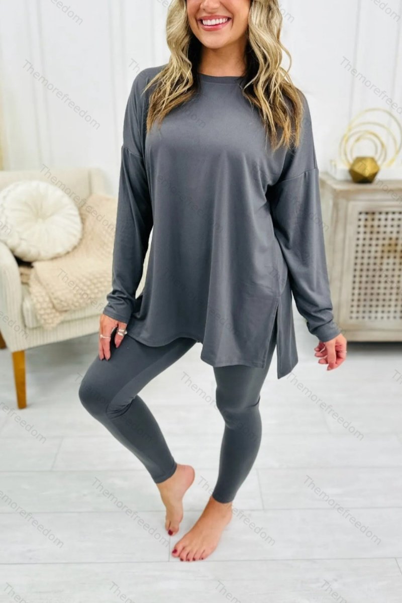 Women's autumn two-piece set, stylish solid color long-sleeved split-hem loungewear set