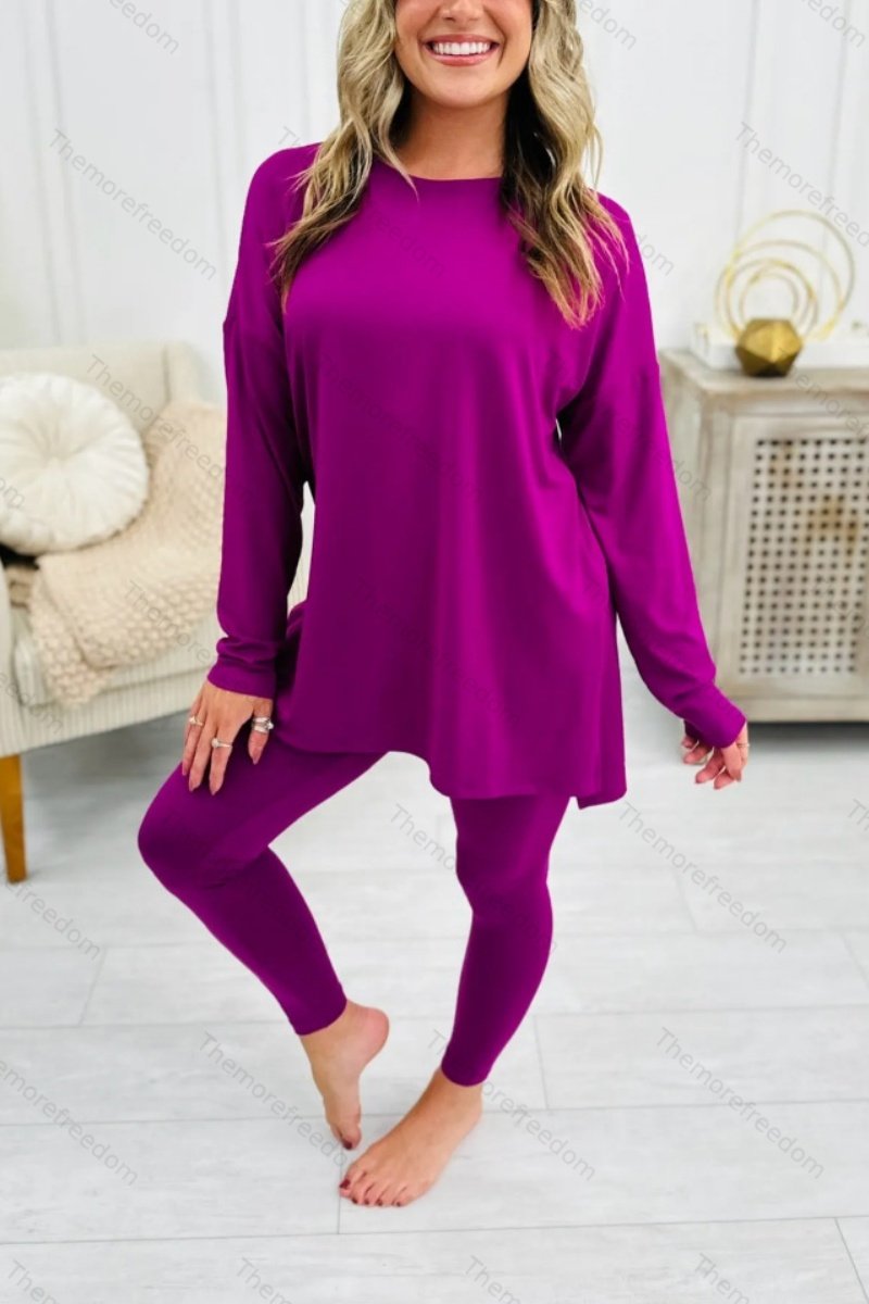 Women's autumn two-piece set, stylish solid color long-sleeved split-hem loungewear set