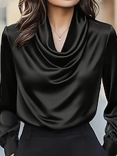 Women's Blouse, Satin Elegant Top, Solid Color Fashionable Everyday Long-Sleeve Cowl Neck Regular Fit Top, Everyday Drape Design