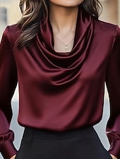 Women's Blouse, Satin Elegant Top, Solid Color Fashionable Everyday Long-Sleeve Cowl Neck Regular Fit Top, Everyday Drape Design