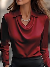 Women's Shirt Blouse Satin Plain Modern Casual Long Sleeve Shirt Collar Regular Elegant Tops Drape Neckline Daily Going out Ruched Loose Fit Black Wine Navy Blue Blue Khaki Fall