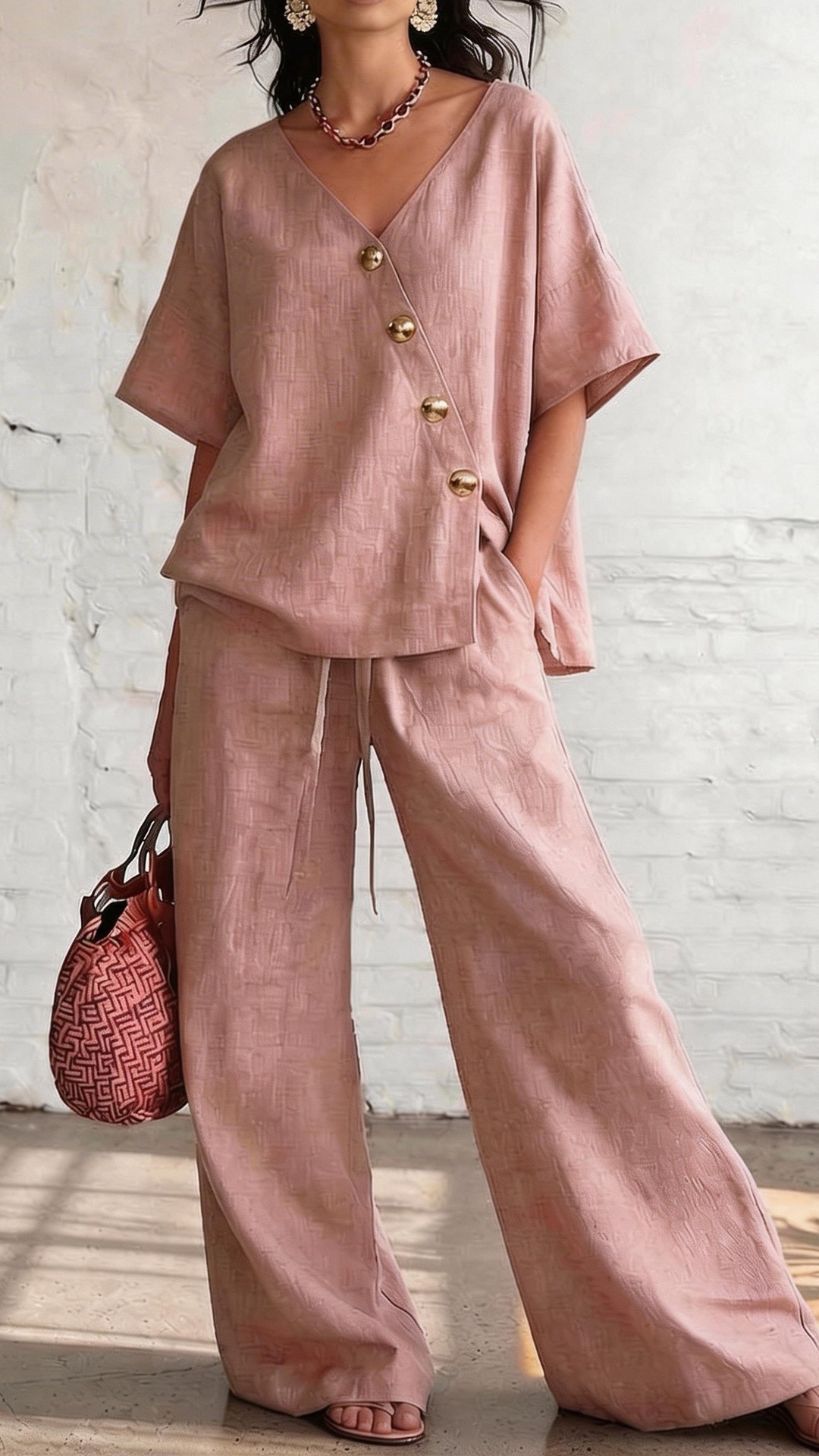 Women's Casual Vacation Loose Cotton Linen V-Neck Wide-Leg Pants Two-Piece Set