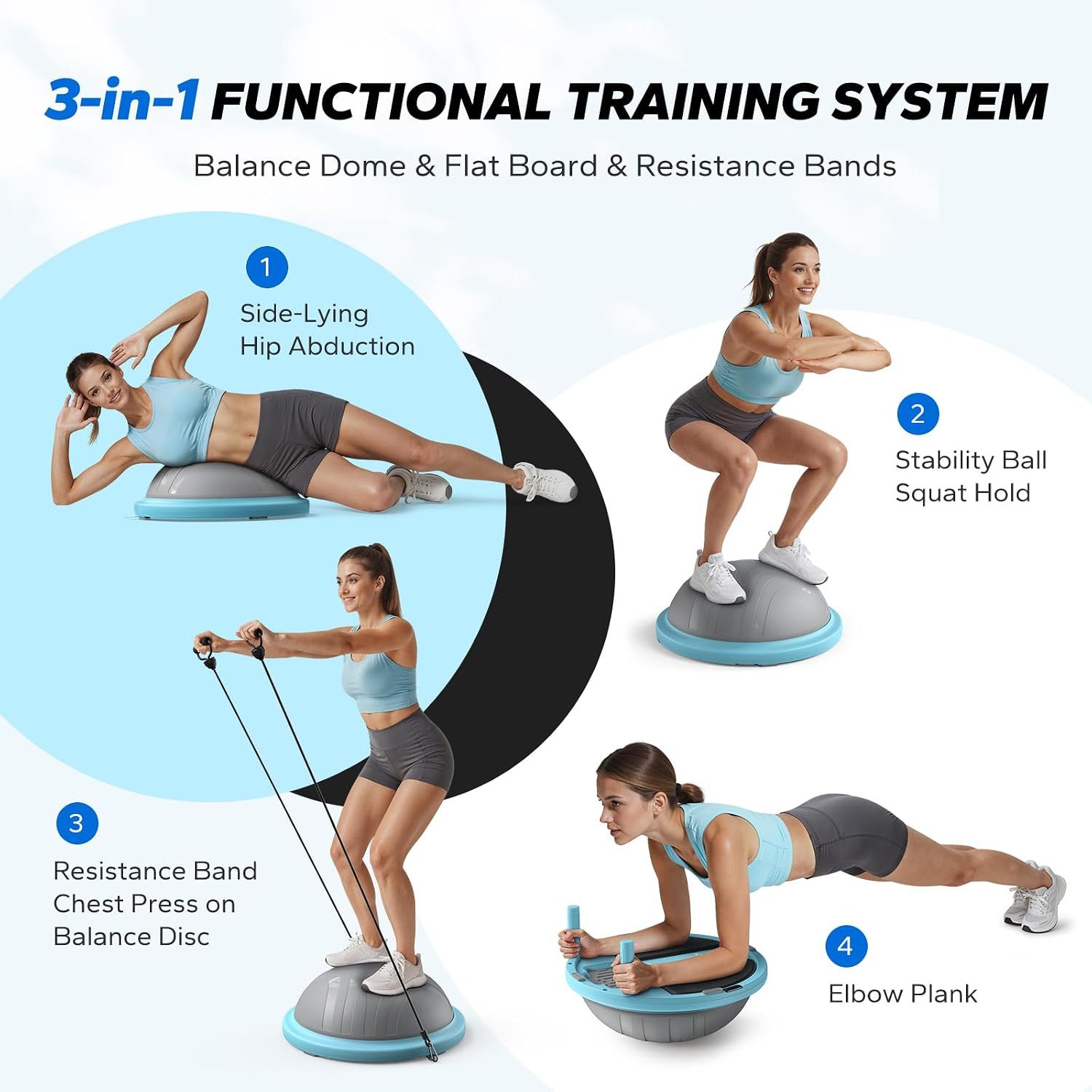 MERACH Half Balance Ball Trainer, 3-in-1 Half Balance Ball with Resistance Bands, Anti-Burst Stability Ball for Home Gym